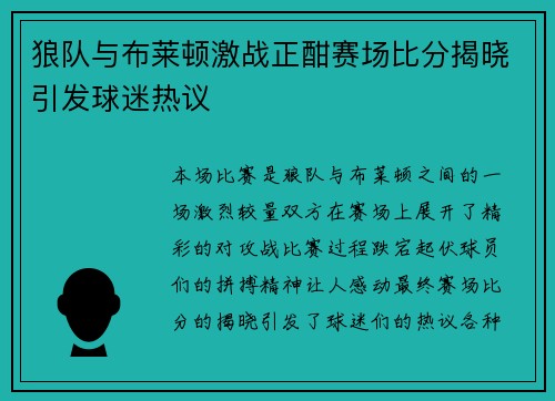 狼队与布莱顿激战正酣赛场比分揭晓引发球迷热议